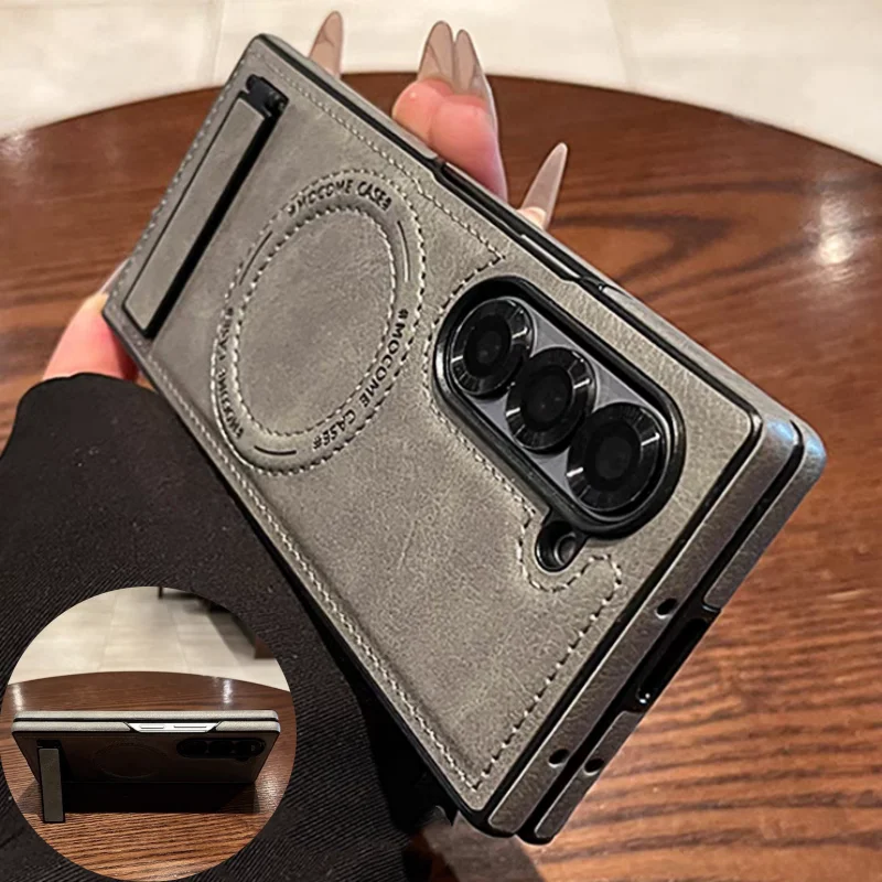 Phone Accessories For Photography - レトロレザー隠し三脚付きスマホケース Samsung Galaxy Z Fold 7