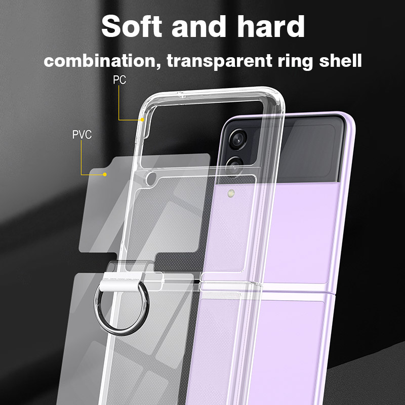 Phone Ring Holder - サムスンギャラクシーZフリップフォールド5/4/3用耐衝撃透明ケース、内蔵メタル製フィンガーリングホルダー、落下防止折りたたみ式カバー、新製品