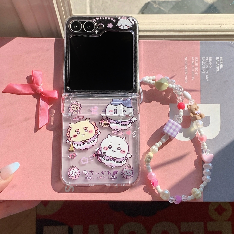 Z Phone Accessories - 可愛い漫画アニメ「ちいかわうさぎ」ハチワレカードウォレットポケット付きスマホケース、Samsung Galaxy Z Flip 7/6/5/4/3用、ストラップ付きカバー